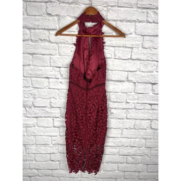 BARDOT Women's Wine Lace Halter Neck Bodycon Gemma Midi Dress US 6 - Picture 7 of 7
